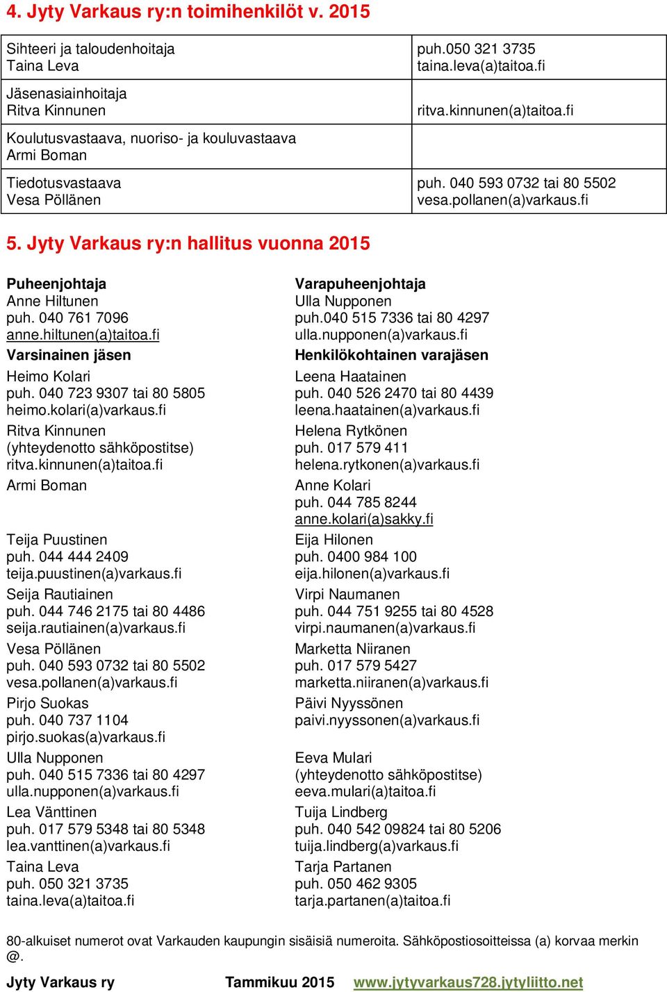 leva(a)taitoa.fi ritva.kinnunen(a)taitoa.fi puh. 040 593 0732 tai 80 5502 vesa.pollanen(a)varkaus.fi 5. Jyty Varkaus ry:n hallitus vuonna 2015 Puheenjohtaja Anne Hiltunen puh. 040 761 7096 anne.