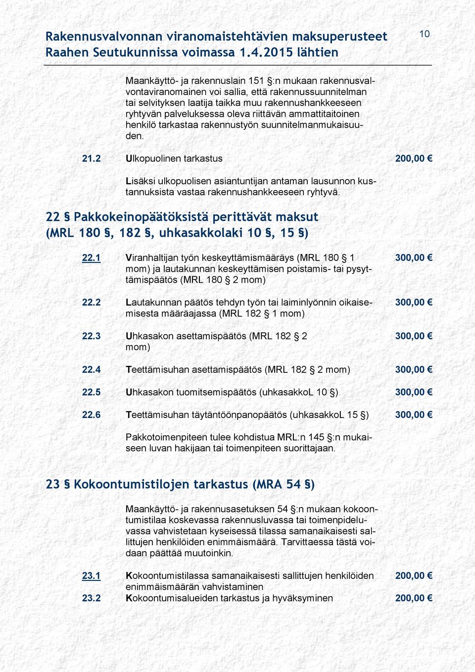 2 Ulkopuolinen tarkastus 200,00 Lisäksi ulkopuolisen asiantuntijan antaman lausunnon kustannuksista vastaa rakennushankkeeseen ryhtyvä.