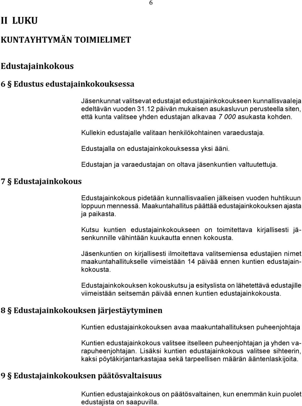 Edustajalla on edustajainkokouksessa yksi ääni. Edustajan ja varaedustajan on oltava jäsenkuntien valtuutettuja. Edustajainkokous pidetään kunnallisvaalien jälkeisen vuoden huhtikuun loppuun mennessä.