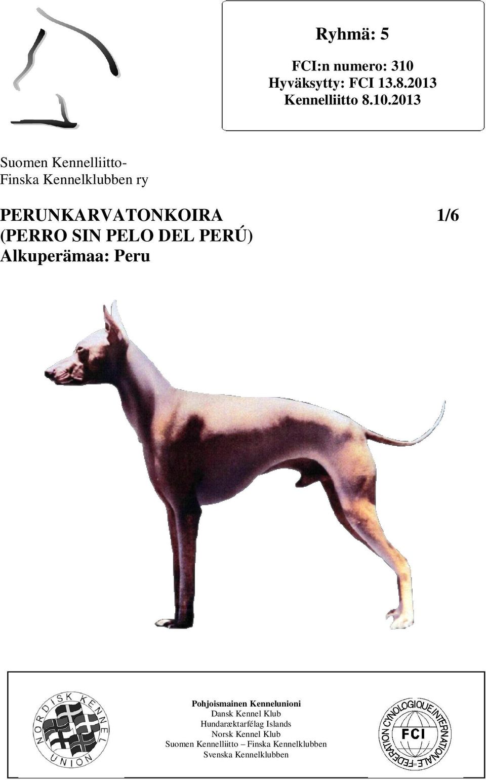 2013 Suomen Kennelliitto- Finska Kennelklubben ry PERUNKARVATONKOIRA 1/6 (PERRO SIN