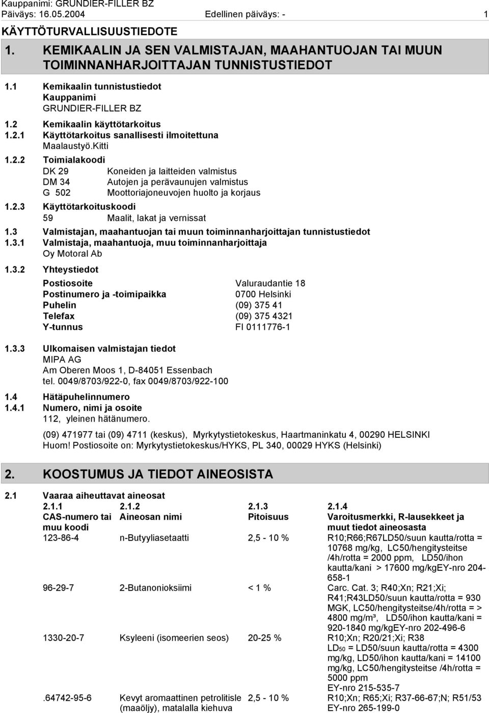 Kemikaalin käyttötarkoitus 1.2.1 Käyttötarkoitus sanallisesti ilmoitettuna Maalaustyö.Kitti 1.2.2 Toimialakoodi DK 29 Koneiden ja laitteiden valmistus DM 34 Autojen ja perävaunujen valmistus G 502 Moottoriajoneuvojen huolto ja korjaus 1.