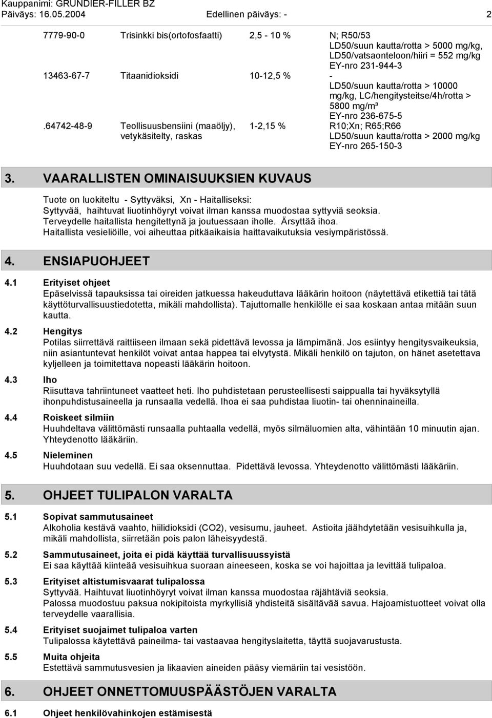 Titaanidioksidi 10-12,5 % - LD50/suun kautta/rotta > 10000 mg/kg, LC/hengitysteitse/4h/rotta > 5800 mg/m³ EY-nro 236-675-5.