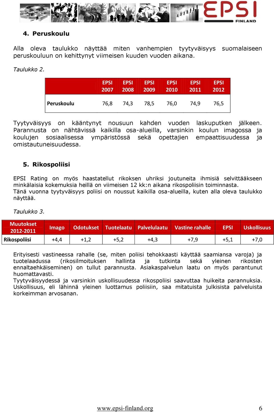 Parannusta on nähtävissä kaikilla osa-alueilla, varsinkin koulun imagossa ja koulujen sosiaalisessa ympäristössä sekä opettajien empaattisuudessa ja omistautuneisuudessa. 5.