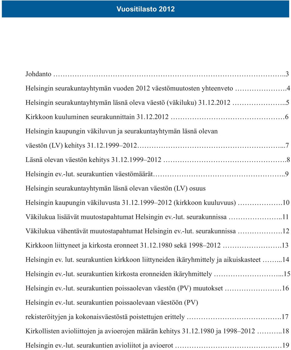 10 Väkilukua lisäävät muutostapahtumat Helsingin ev.-lut. seurakunnissa..11 Väkilukua vähentävät muutostapahtumat Helsingin ev.-lut. seurakunnissa.12 Kirkkoon liittyneet ja kirkosta eronneet 31.12.1980 sekä 1998 2012.