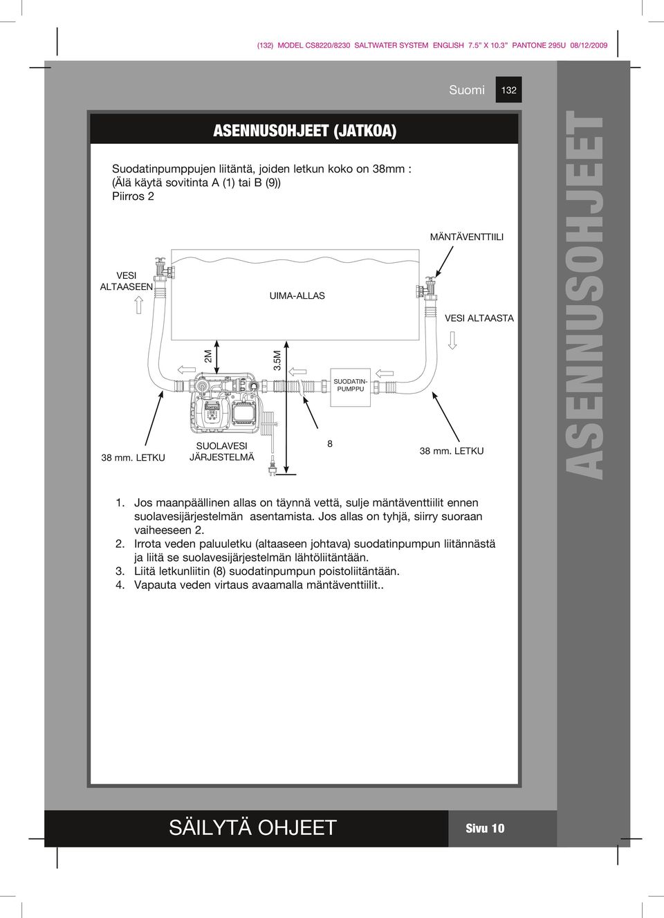 UIMA-ALLAS.M M VESI ALTAASTA SUODATINPUMPPU mm. LETKU SUOLAVESI JÄRJESTELMÄ mm. LETKU. Jos maanpäällinen allas on täynnä vettä, sulje mäntäventtiilit ennen suolavesijärjestelmän asentamista.