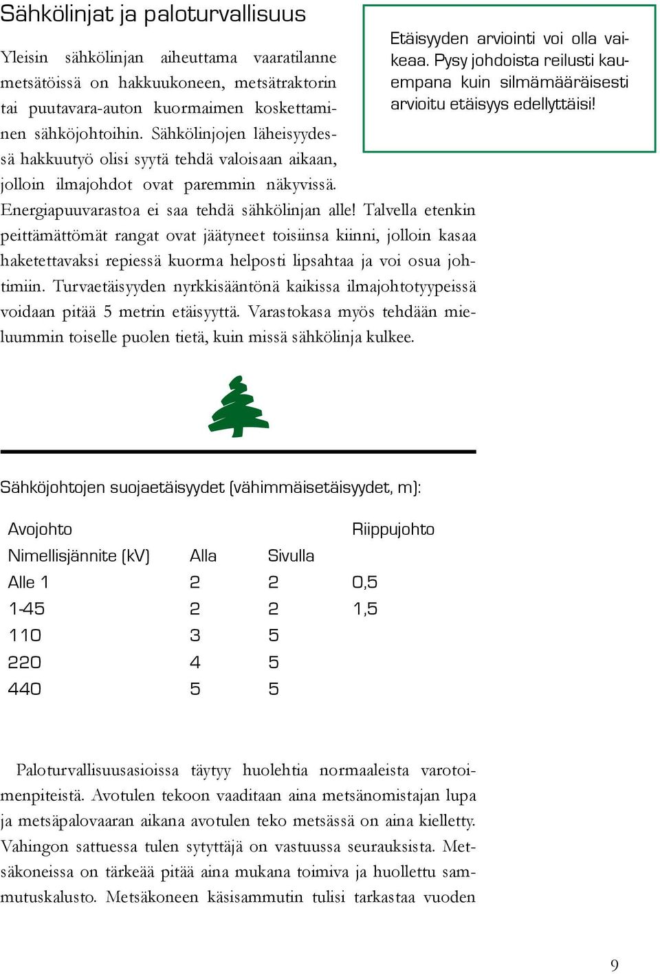 sähköjohtoihin. Sähkölinjojen läheisyydes- arvioitu etäisyys edellyttäisi! sä hakkuutyö olisi syytä tehdä valoisaan aikaan, jolloin ilmajohdot ovat paremmin näkyvissä.