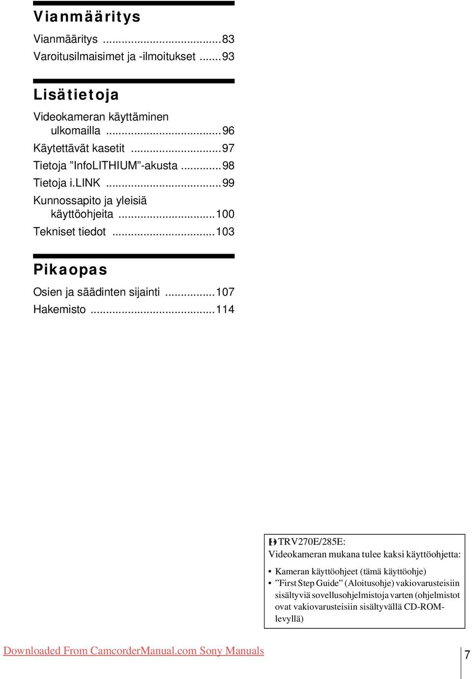 ..103 Pikaopas Osien ja säädinten sijainti...107 Hakemisto.