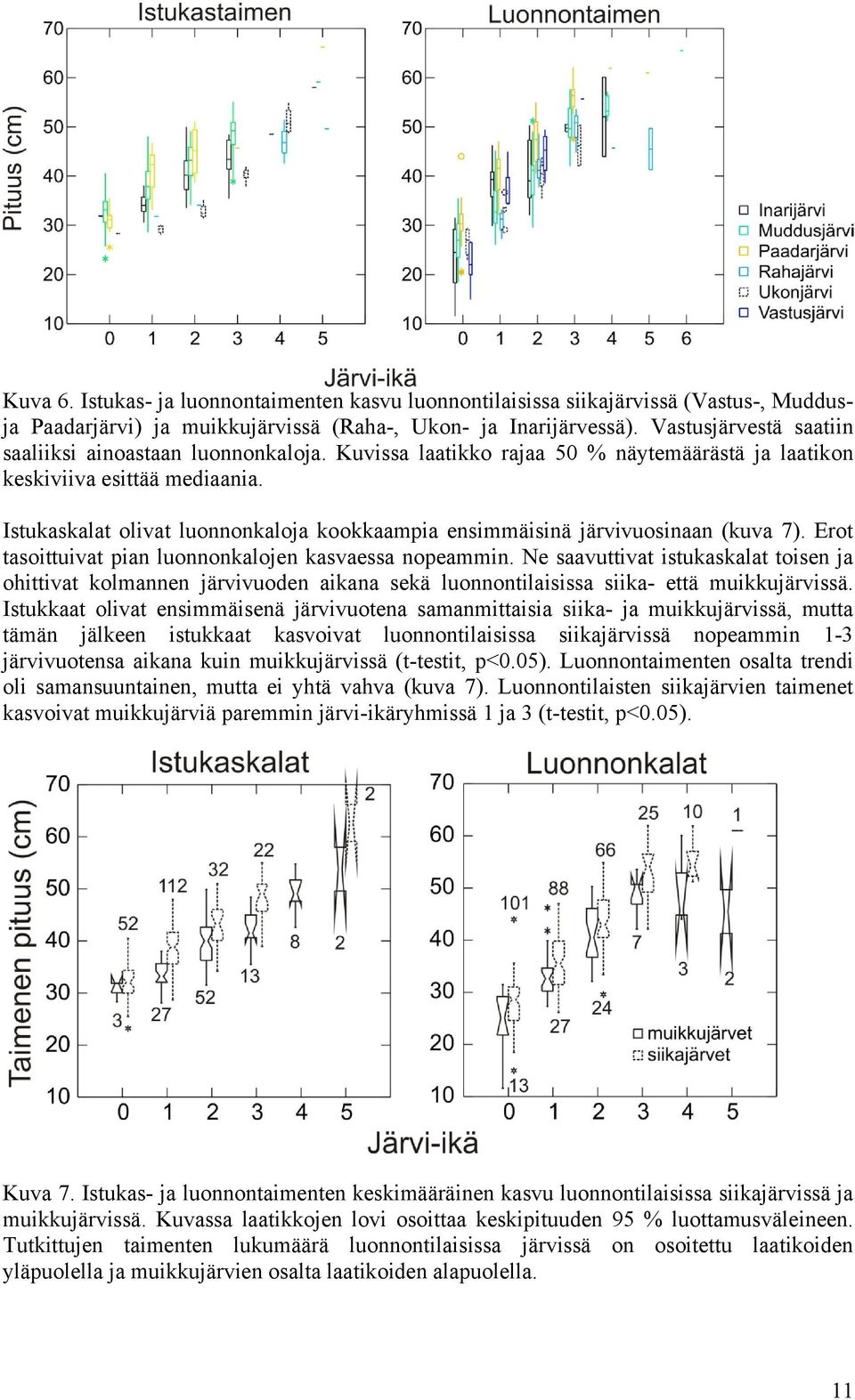 Istukaskalat olivat luonnonkaloja kookkaampia ensimmäisinä järvivuosinaan (kuva 7). Erot tasoittuivat pian luonnonkalojen kasvaessa nopeammin.