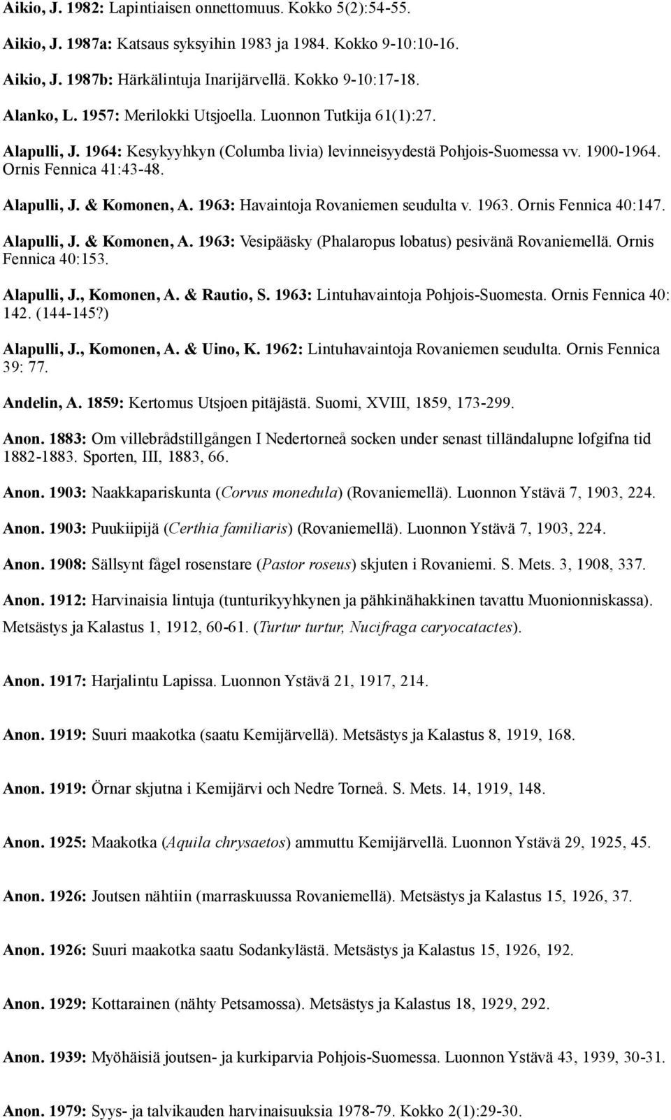 1963: Havaintoja Rovaniemen seudulta v. 1963. Ornis Fennica 40:147. Alapulli, J. & Komonen, A. 1963: Vesipääsky (Phalaropus lobatus) pesivänä Rovaniemellä. Ornis Fennica 40:153. Alapulli, J., Komonen, A.