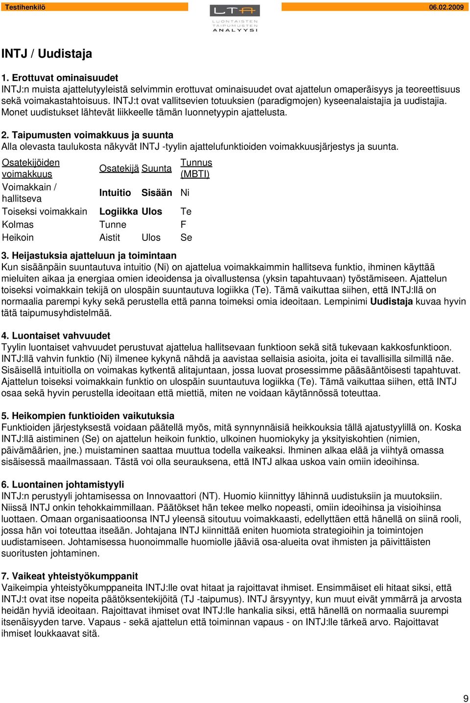 Taipumusten voimakkuus ja suunta Alla olevasta taulukosta näkyvät INTJ -tyylin ajattelufunktioiden voimakkuusjärjestys ja suunta.