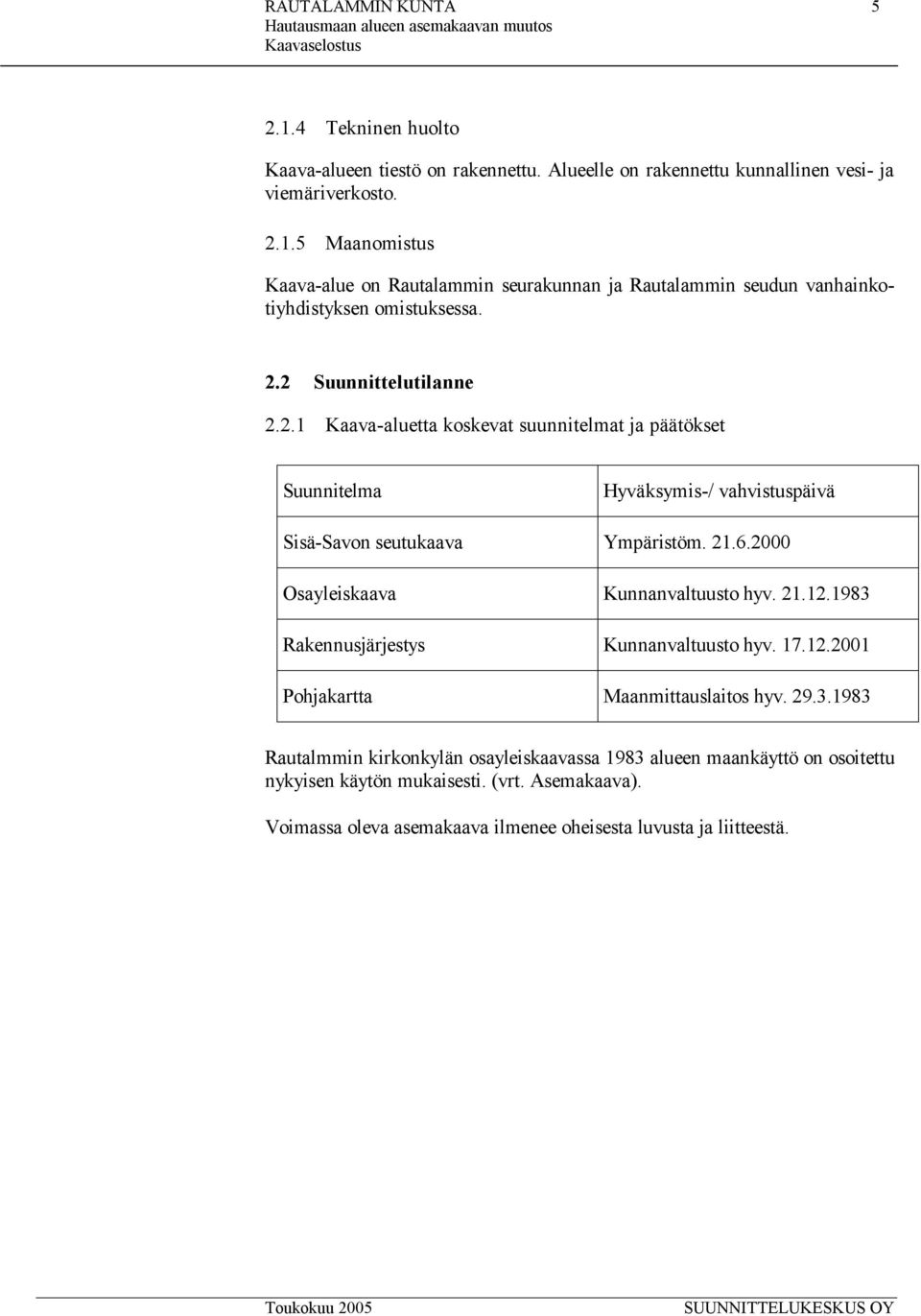 2000 Osayleiskaava Kunnanvaltuusto hyv. 21.12.1983 Rakennusjärjestys Kunnanvaltuusto hyv. 17.12.2001 Pohjakartta Maanmittauslaitos hyv. 29.3.1983 Rautalmmin kirkonkylän osayleiskaavassa 1983 alueen maankäyttö on osoitettu nykyisen käytön mukaisesti.