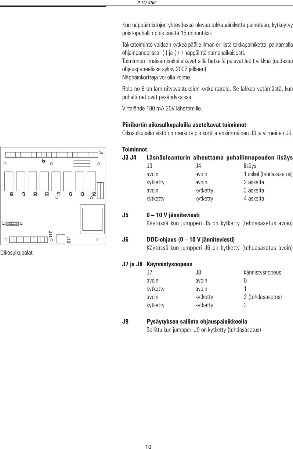 Toiminnon ilmaisemiseksi alkavat sillä hetkellä palavat ledit vilkkua (uudessa ohjauspaneelissa syksy 00 jälkeen). äppäinkortteja voi olla kolme. Rele no 8 on lämmitysvastuksien kytkentärele.