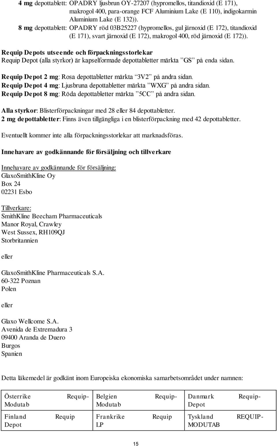 Depots utseende och förpackningsstorlekar Depot (alla styrkor) är kapselformade depottabletter märkta GS på enda sidan. Depot 2 mg: Rosa depottabletter märkta 3V2 på andra sidan.