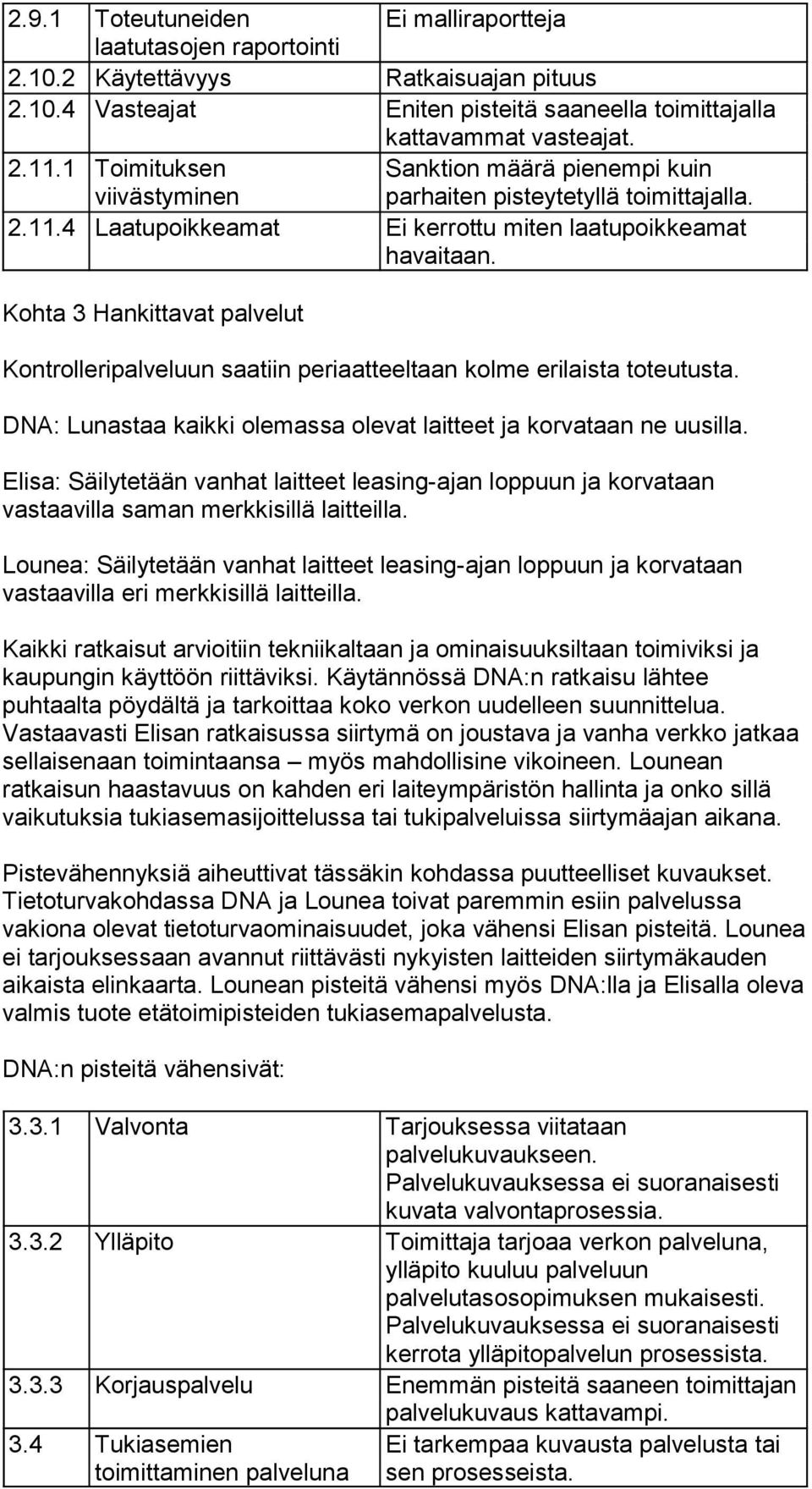 Kohta 3 Hankittavat palvelut Kontrolleripalveluun saatiin periaatteeltaan kolme erilaista toteutusta. DNA: Lunastaa kaikki olemassa olevat laitteet ja korvataan ne uusilla.