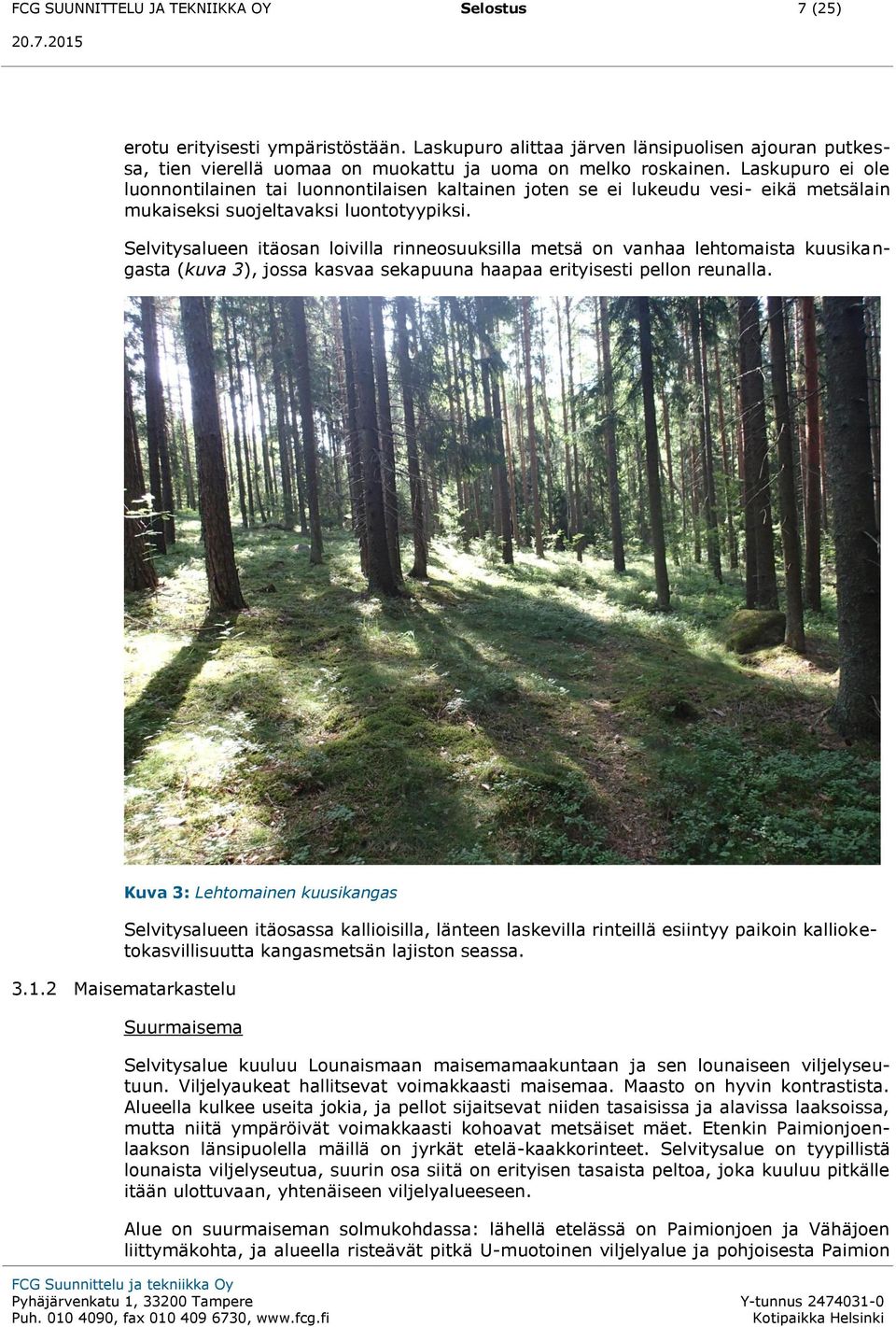 Selvitysalueen itäosan loivilla rinneosuuksilla metsä on vanhaa lehtomaista kuusikangasta (kuva 3), jossa kasvaa sekapuuna haapaa erityisesti pellon reunalla.