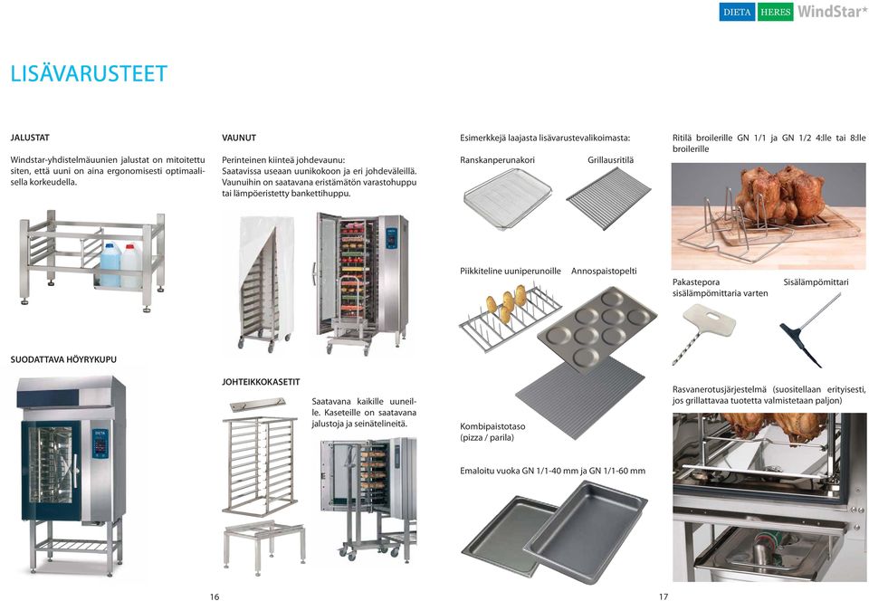 Esimerkkejä laajasta lisävarustevalikoimasta: Ranskanperunakori Grillausritilä Ritilä broilerille GN 1/1 ja GN 1/2 4:lle tai 8:lle broilerille Piikkiteline uuniperunoille Annospaistopelti Pakastepora