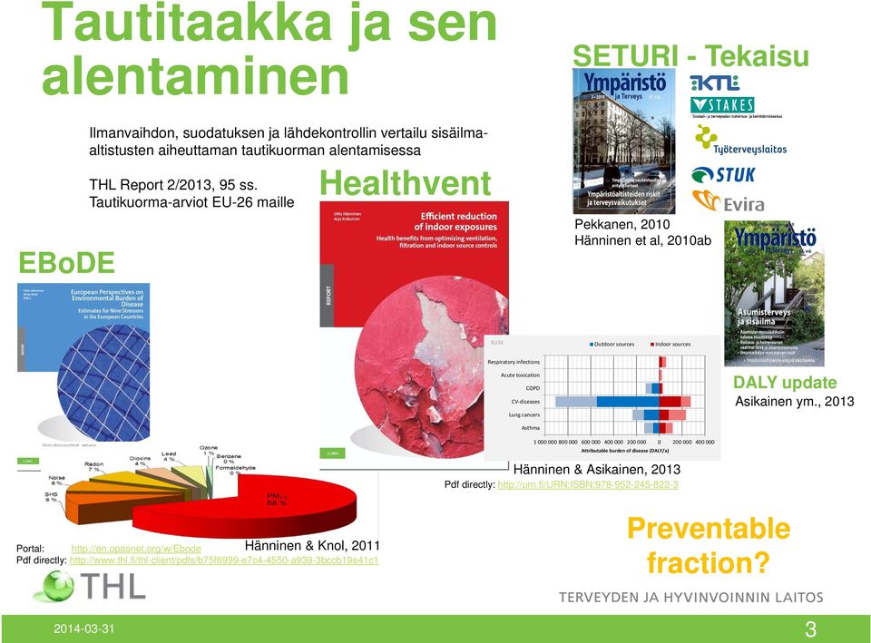 update Asikainen ym., 2013 Asthma 1 000 000 800 000 600 000 400 000 200 000 0 200 000 400 000 Attributable burden of disease (DALY/a) Hänninen & Asikainen, 2013 Pdf directly: http://urn.
