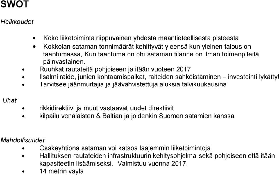 Tarvitsee jäänmurtajia ja jäävahvistettuja aluksia talvikuukausina Uhat rikkidirektiivi ja muut vastaavat uudet direktiivit kilpailu venäläisten & Baltian ja joidenkin Suomen satamien kanssa M ahd