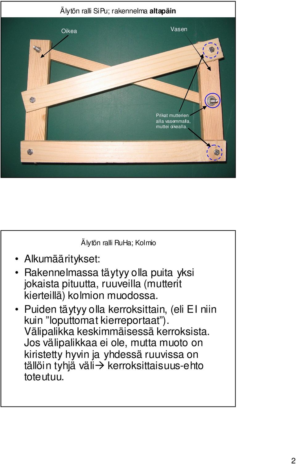 kolmion muodossa. Puiden täytyy olla kerroksittain, (eli EI niin kuin loputtomat kierreportaat ).