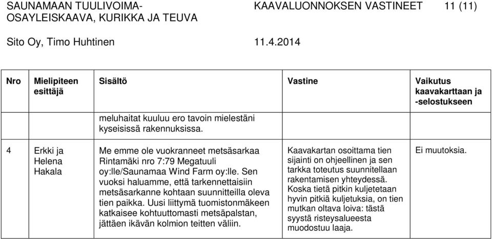 Sen vuoksi haluamme, että tarkennettaisiin metsäsarkanne kohtaan suunnitteilla oleva tien paikka.