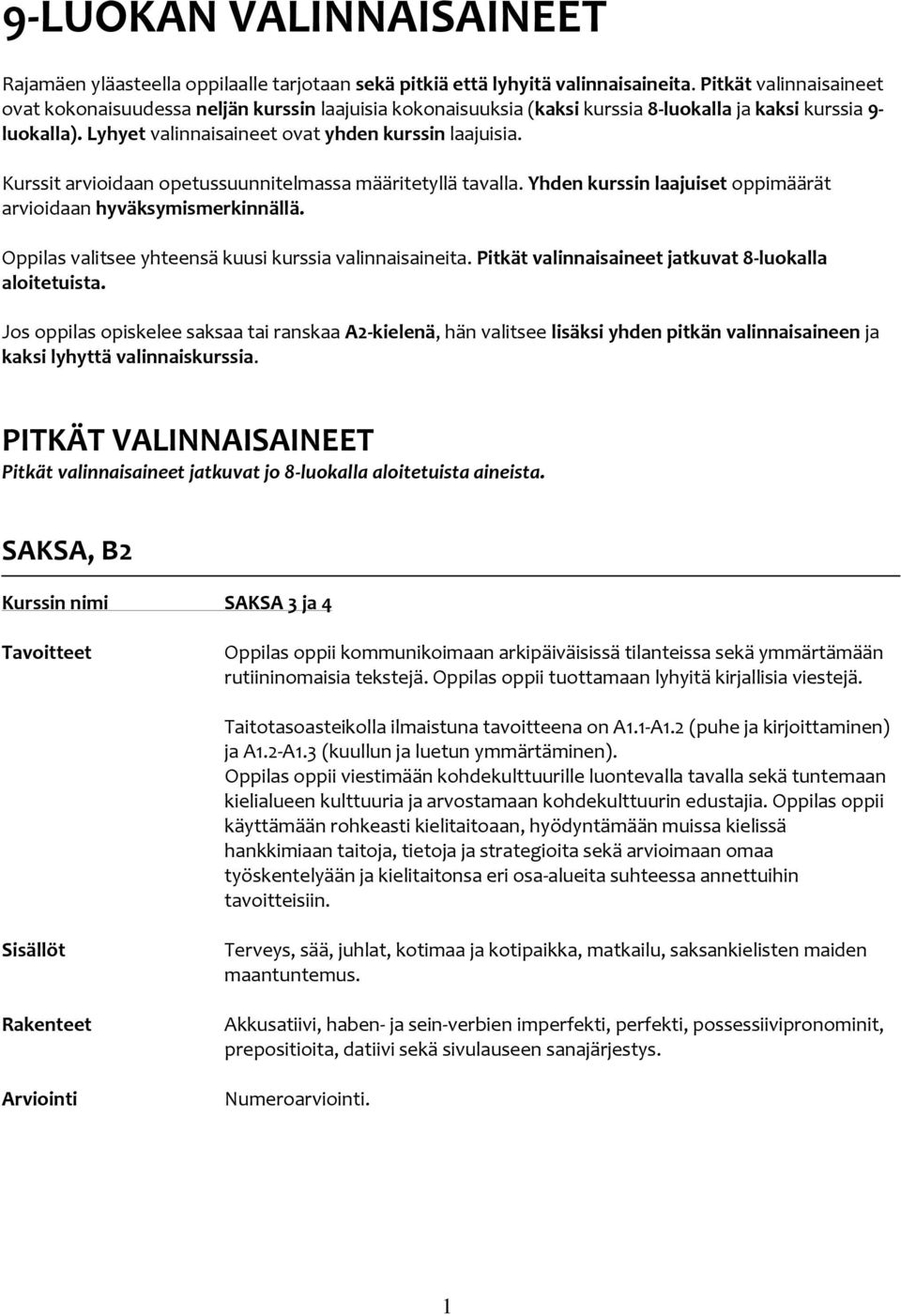 Kurssit arvioidaan opetussuunnitelmassa määritetyllä tavalla. Yhden kurssin laajuiset oppimäärät arvioidaan hyväksymismerkinnällä. Oppilas valitsee yhteensä kuusi kurssia valinnaisaineita.