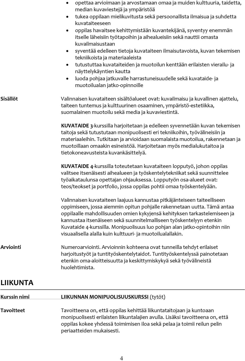 kuvan tekemisen tekniikoista ja materiaaleista tutustuttaa kuvataiteiden ja muotoilun kenttään erilaisten vierailu- ja näyttelykäyntien kautta luoda pohjaa jatkuvalle harrastuneisuudelle sekä