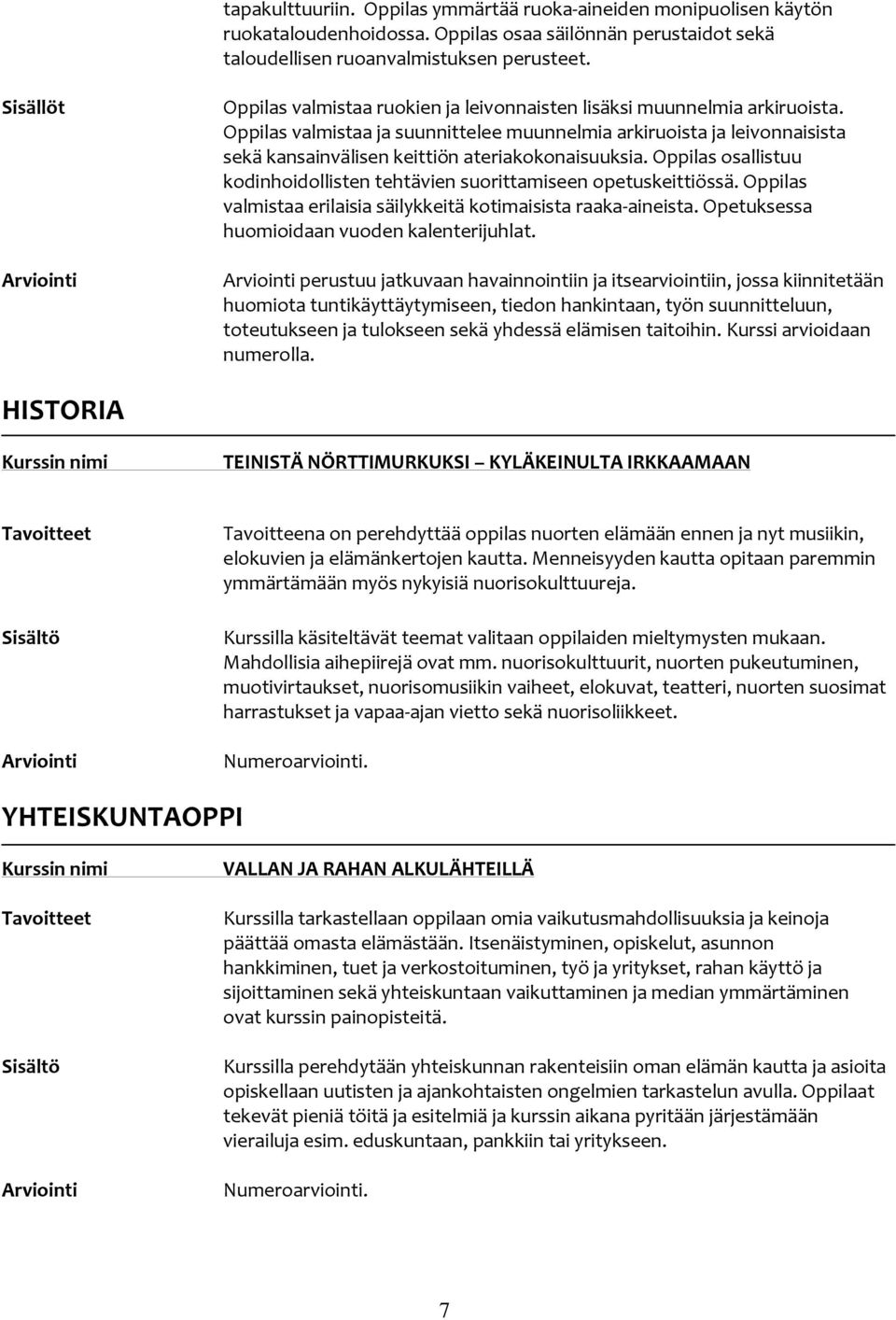 Oppilas osallistuu kodinhoidollisten tehtävien suorittamiseen opetuskeittiössä. Oppilas valmistaa erilaisia säilykkeitä kotimaisista raaka-aineista. Opetuksessa huomioidaan vuoden kalenterijuhlat.