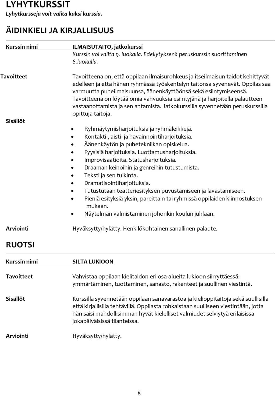 Oppilas saa varmuutta puheilmaisuunsa, äänenkäyttöönsä sekä esiintymiseensä. Tavoitteena on löytää omia vahvuuksia esiintyjänä ja harjoitella palautteen vastaanottamista ja sen antamista.