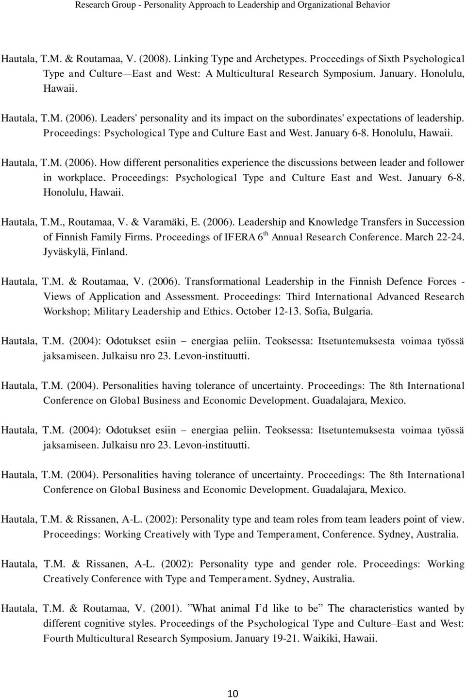 Hautala, T.M. (2006). How different personalities experience the discussions between leader and follower in workplace. Proceedings: Psychological Type and Culture East and West. January 6-8.