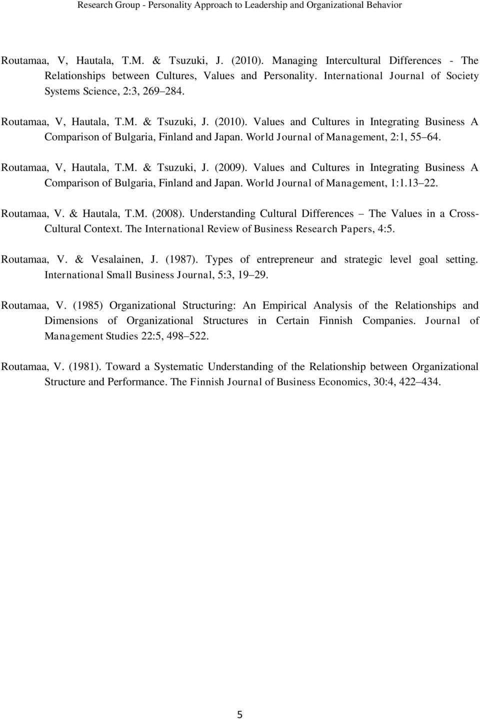 Values and Cultures in Integrating Business A Comparison of Bulgaria, Finland and Japan. World Journal of Management, 2:1, 55 64. Routamaa, V, Hautala, T.M. & Tsuzuki, J. (2009).