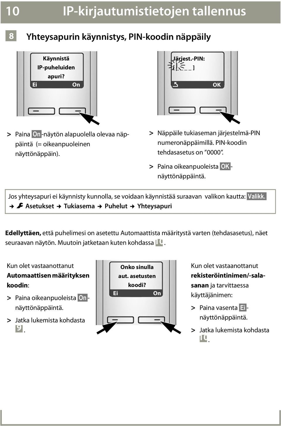 > Paina oikeanpuoleista OK - näyttönäppäintä. Jos yhteysapuri ei käynnisty kunnolla, se voidaan käynnistää suraavan valikon kautta: Valikk.