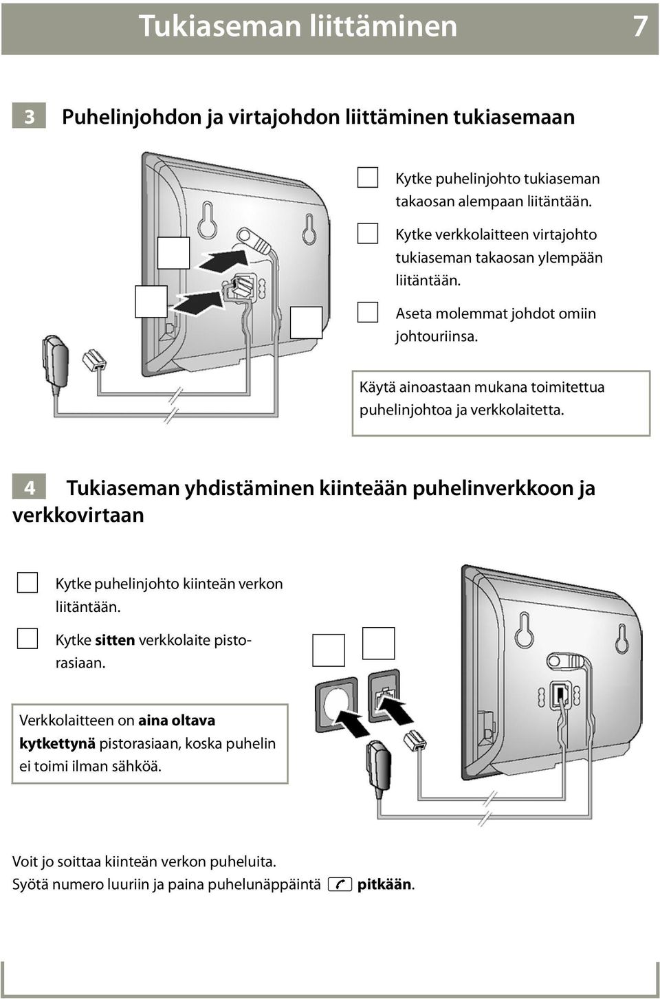 Käytä ainoastaan mukana toimitettua puhelinjohtoa ja verkkolaitetta.