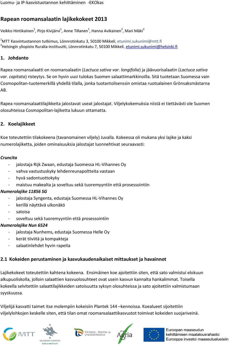 Johdanto Rapea roomansalaatti on roomansalaatin (Lactuca sativa var. longifolia) ) ja jäävuorisalaatin (Lactuca sativa var. capitata) ) risteytys. Se on hyvin uusi tulokas Suomen salaattimarkkinoilla.