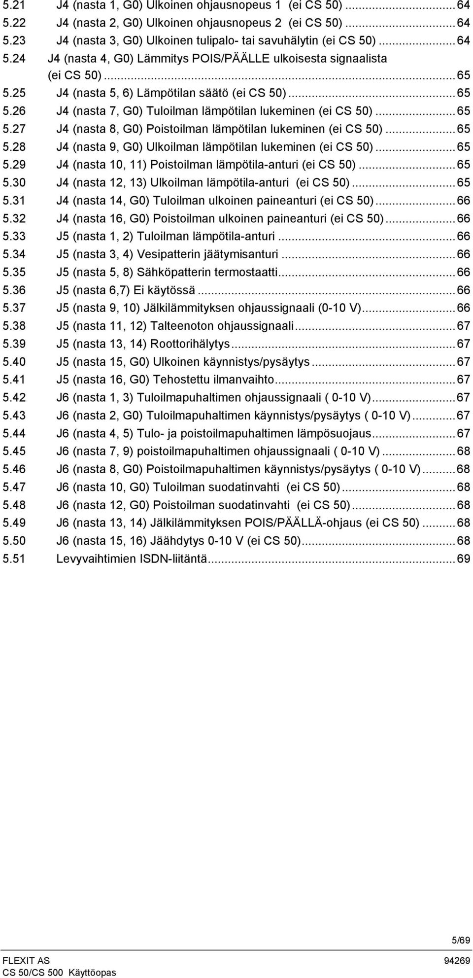 ..65 5.29 J4 (nasta 10, 11) Poistoilman lämpötila-anturi (ei CS 50)...65 5.30 J4 (nasta 12, 13) Ulkoilman lämpötila-anturi (ei CS 50)...65 5.31 J4 (nasta 14, G0) Tuloilman ulkoinen paineanturi (ei CS 50).