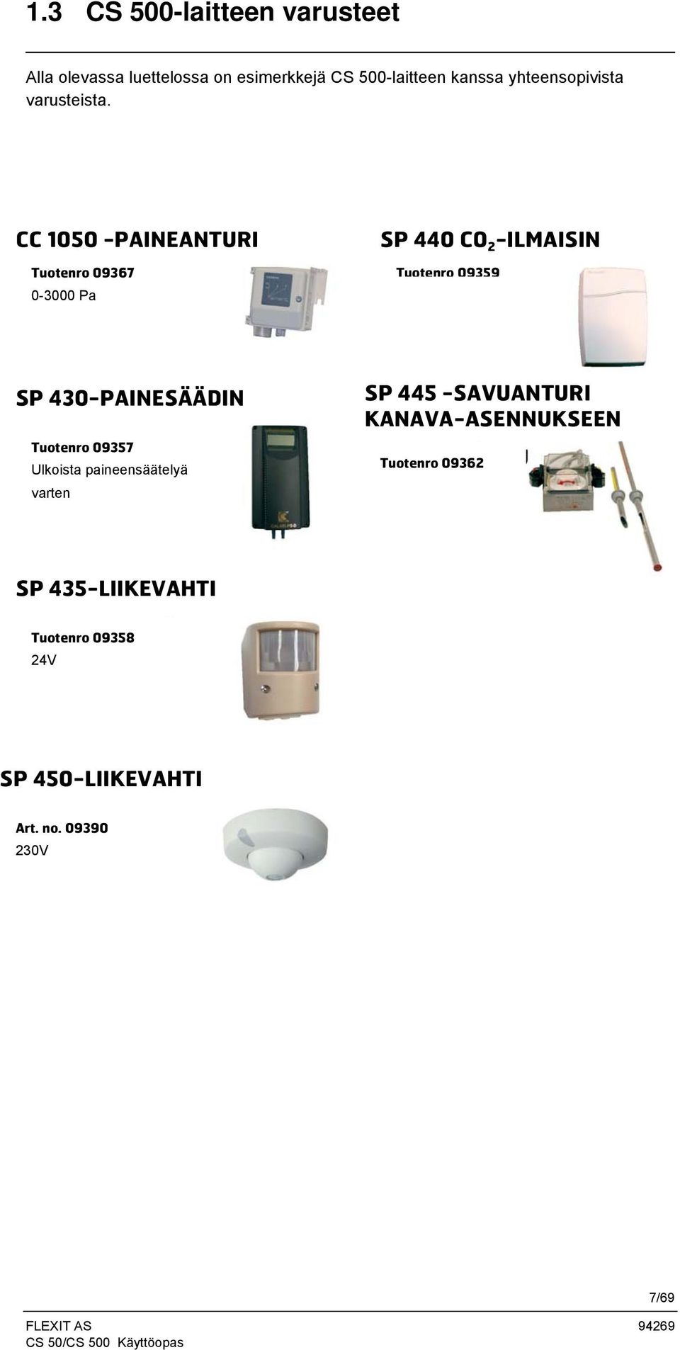 CC 1050 -PAINEANTURI Tuotenro 09367 0-3000 Pa SP 440 CO 2 -ILMAISIN Tuotenro 09359 SP