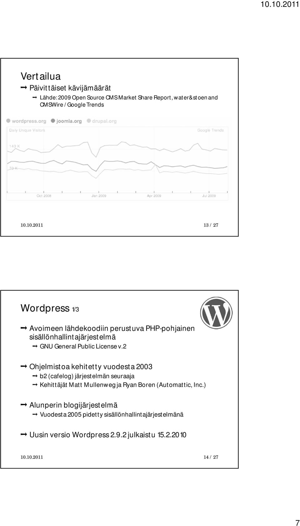 2 Ohjelmistoa kehitetty vuodesta 2003 b2 (cafelog) järjestelmän seuraaja Kehittäjät Matt Mullenweg ja Ryan Boren (Automattic, Inc.