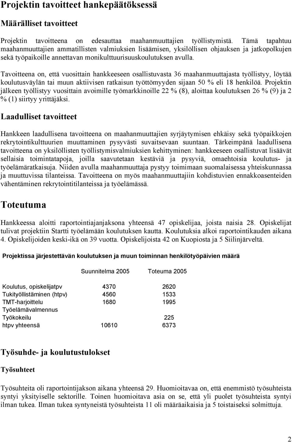 Tavoitteena on, että vuosittain hankkeeseen osallistuvasta 36 maahanmuuttajasta työllistyy, löytää koulutusväylän tai muun aktiivisen ratkaisun työttömyyden sijaan 50 % eli 18 henkilöä.