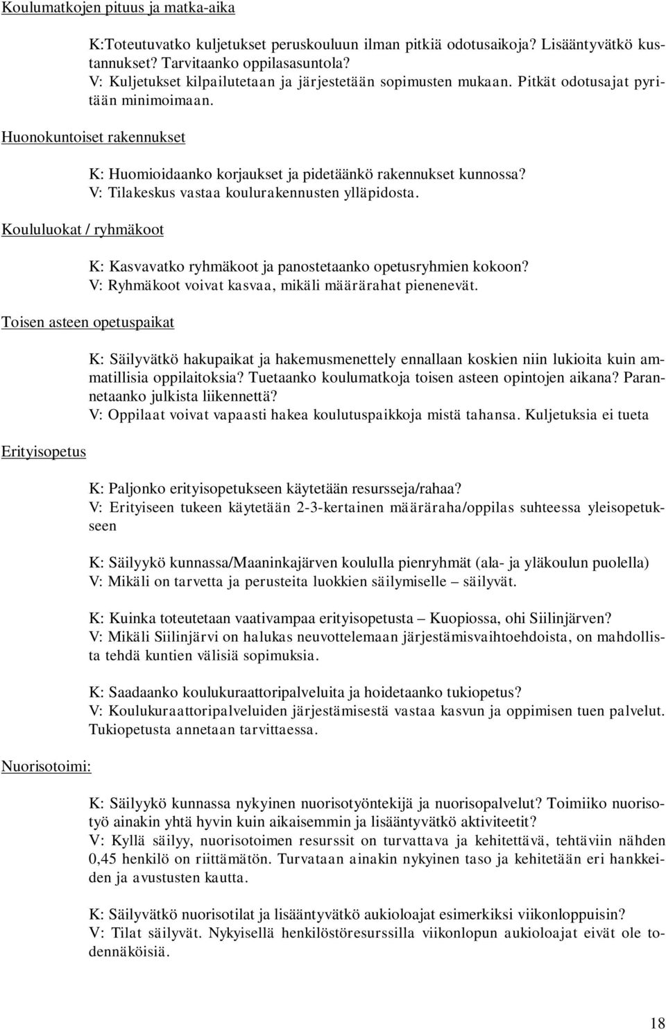 Huonokuntoiset rakennukset Koululuokat / ryhmäkoot K: Huomioidaanko korjaukset ja pidetäänkö rakennukset kunnossa? V: Tilakeskus vastaa koulurakennusten ylläpidosta.