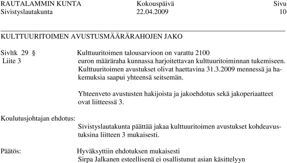 harjoitettavan kulttuuritoiminnan tukemiseen. Kulttuuritoimen avustukset olivat haettavina 31