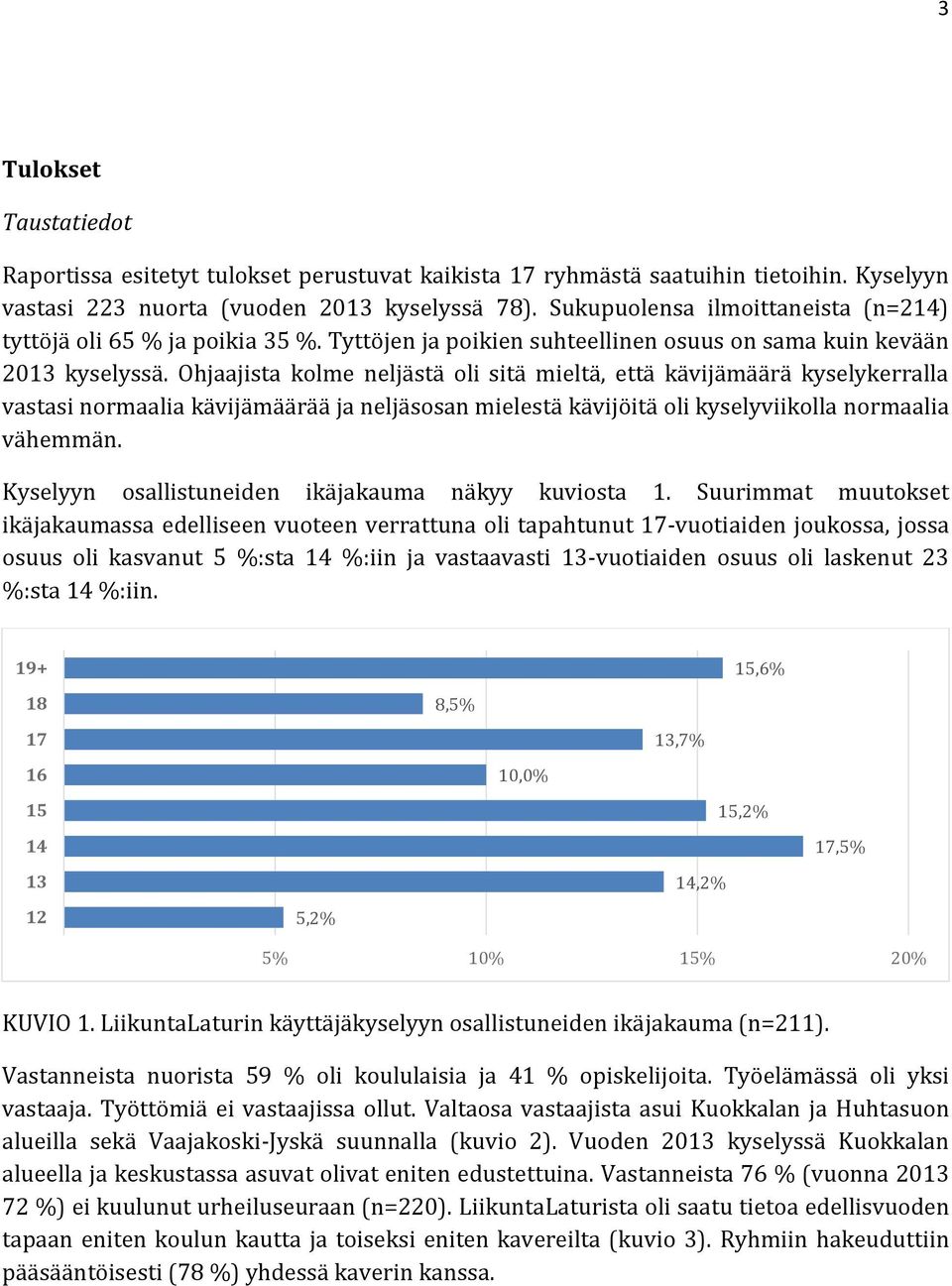 Ohjaajista kolme neljästä oli sitä mieltä, että kävijämäärä kyselykerralla vastasi normaalia kävijämäärää ja neljäsosan mielestä kävijöitä oli kyselyviikolla normaalia vähemmän.