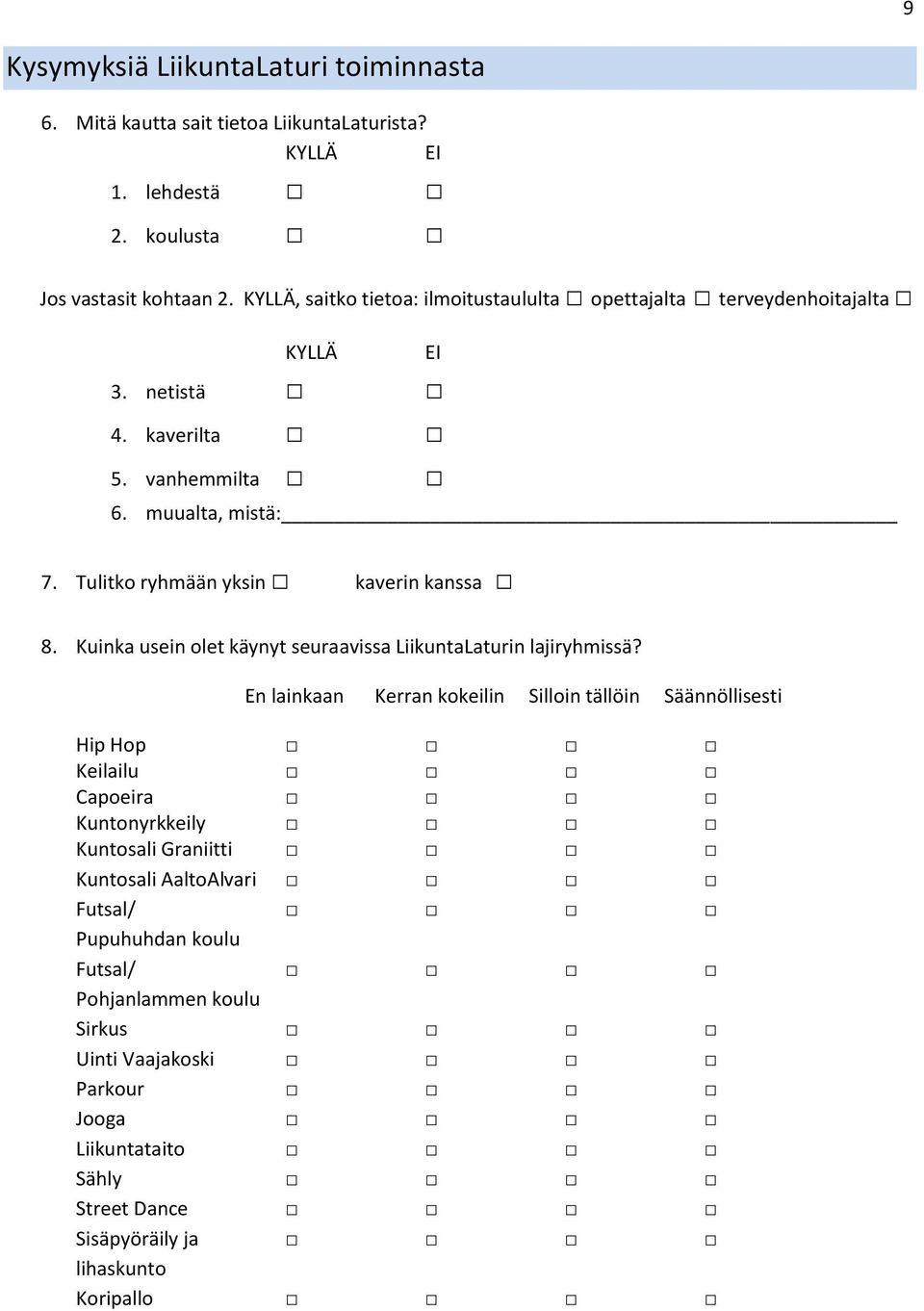 Tulitko ryhmään yksin kaverin kanssa 8. Kuinka usein olet käynyt seuraavissa LiikuntaLaturin lajiryhmissä?