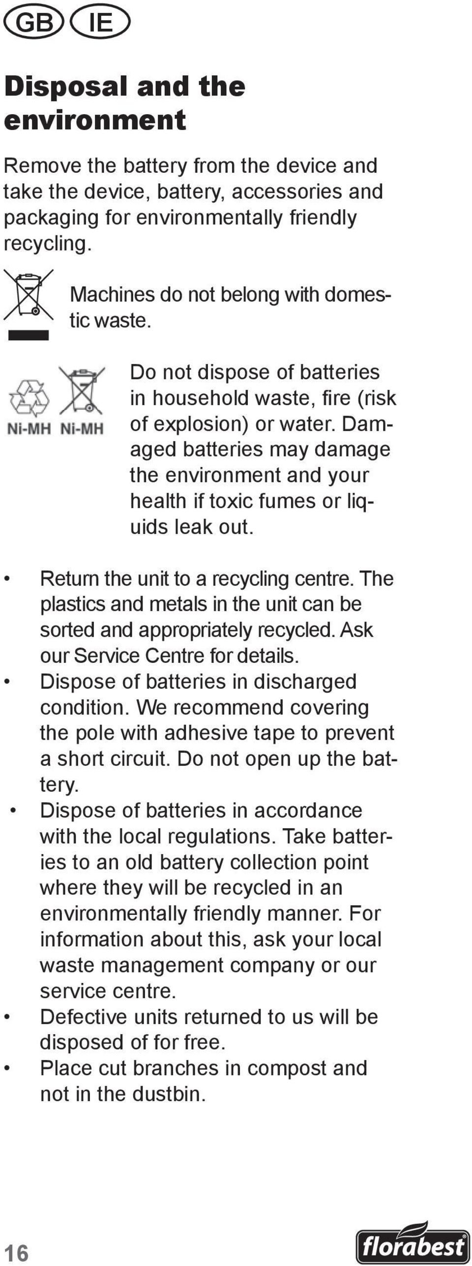 Damaged batteries may damage the environment and your health if toxic fumes or liquids leak out. Return the unit to a recycling centre.