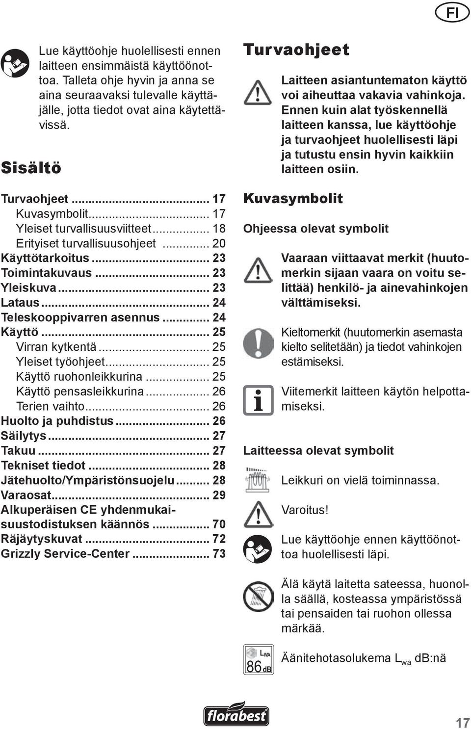 .. 24 Teleskooppivarren asennus... 24 käyttö... 25 Virran kytkentä... 25 Yleiset työohjeet... 25 Käyttö ruohonleikkurina... 25 Käyttö pensasleikkurina... 26 Terien vaihto... 26 Huolto ja puhdistus.