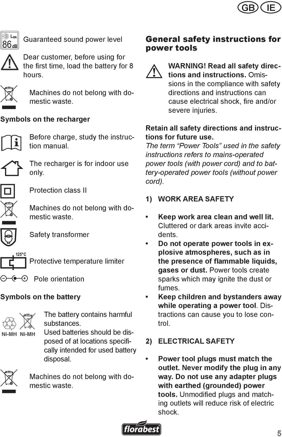 Safety transformer Protective temperature limiter Pole orientation Symbols on the battery The battery contains harmful substances.