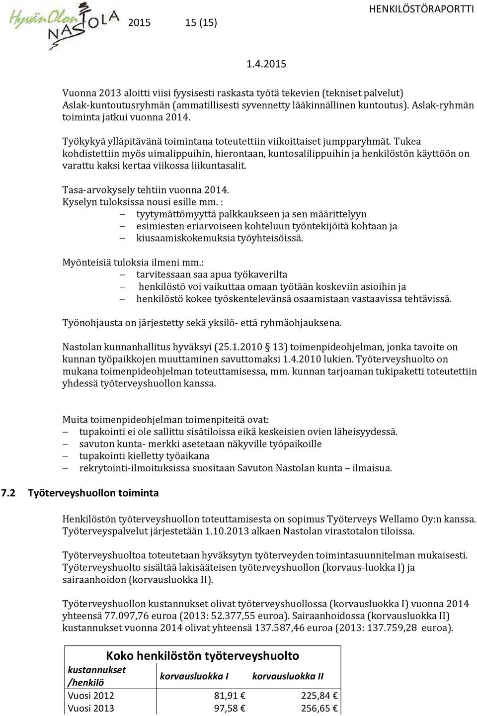 Tukea kohdistettiin myös uimalippuihin, hierontaan, kuntosalilippuihin ja henkilöstön käyttöön on varattu kaksi kertaa viikossa liikuntasalit. Tasa-arvokysely tehtiin vuonna 2014.