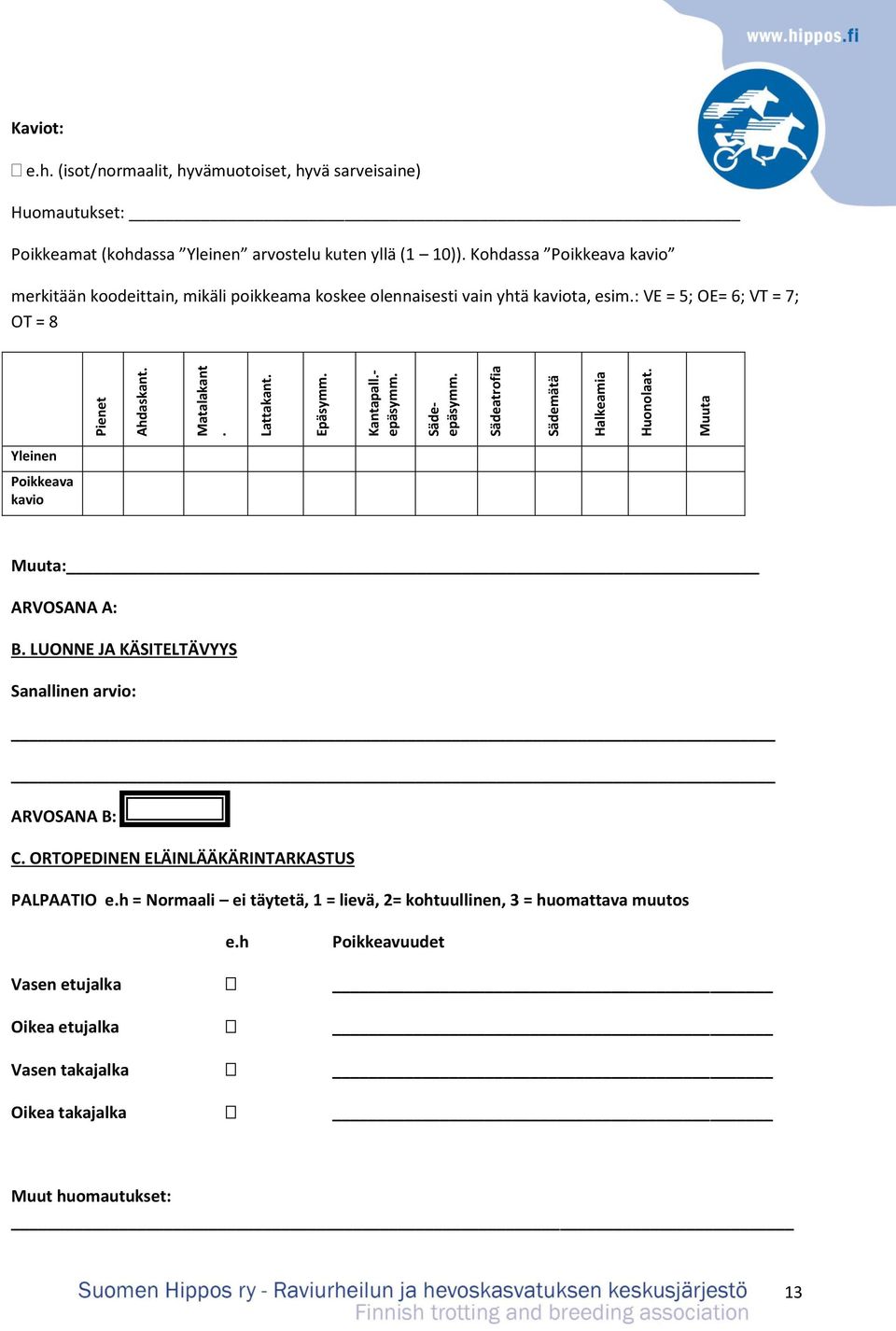 : VE = 5; OE= 6; VT = 7; OT = 8 Yleinen Poikkeava kavio Muuta: ARVOSANA A: B. LUONNE JA KÄSITELTÄVYYS Sanallinen arvio: ARVOSANA B: C. ORTOPEDINEN ELÄINLÄÄKÄRINTARKASTUS PALPAATIO e.