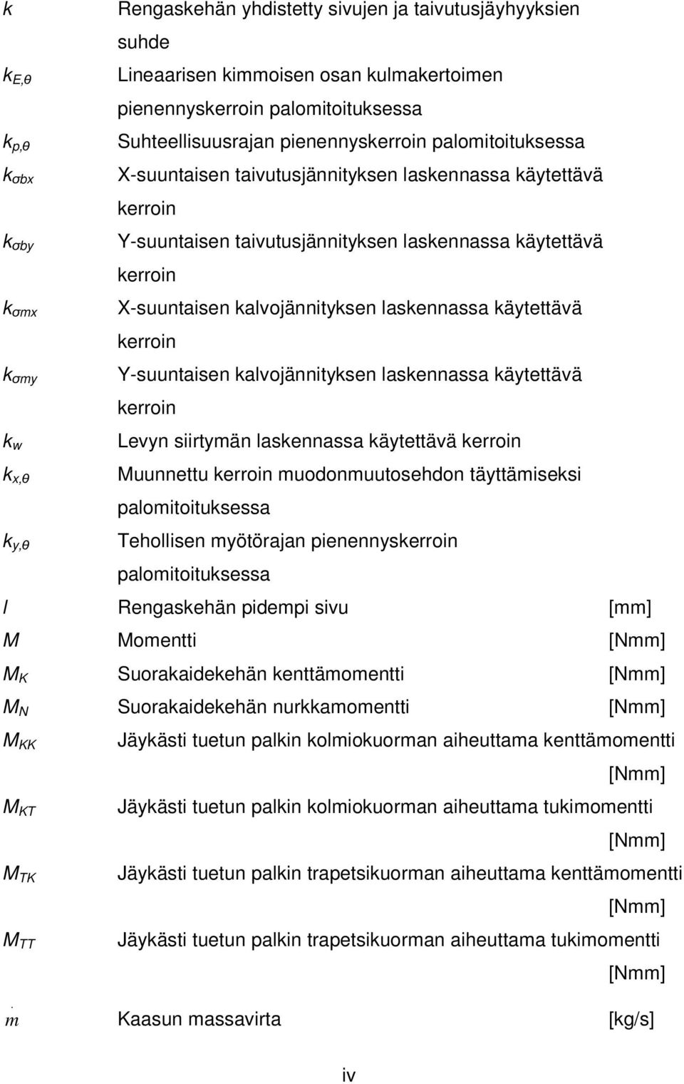 kalvojännityksen laskennassa käytettävä kerroin Y-suuntaisen kalvojännityksen laskennassa käytettävä kerroin Levyn siirtymän laskennassa käytettävä kerroin Muunnettu kerroin muodonmuutosehdon