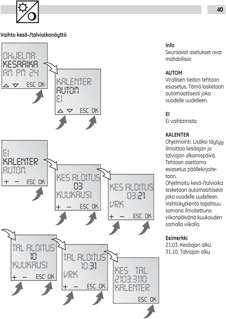 Lisäksi täytyy ilmoittaa kesäajan ja talviajan alkamispäivä. Tehtaan asettama esiasetus päällekirjoitetaan. Ohjelmoitu kesä-/talviaika lasketaan automaattisesti joka vuodelle uudelleen.