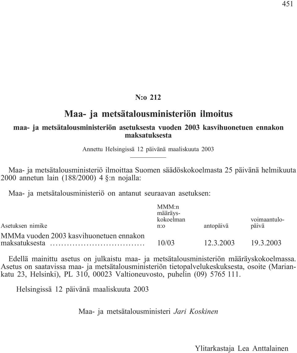 määräyskokoelman n:o voimaantulopäivä Asetuksen nimike antopäivä MMMa vuoden 2003 kasvihuonetuen ennakon maksatuksesta... 10/03 12.3.2003 19.3.2003 Edellä mainittu asetus on julkaistu maa- ja metsätalousministeriön määräyskokoelmassa.