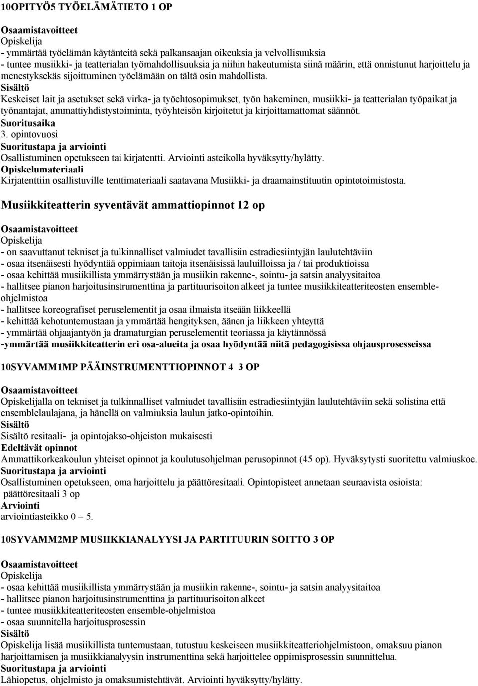 Keskeiset lait ja asetukset sekä virka- ja työehtosopimukset, työn hakeminen, musiikki- ja teatterialan työpaikat ja työnantajat, ammattiyhdistystoiminta, työyhteisön kirjoitetut ja kirjoittamattomat